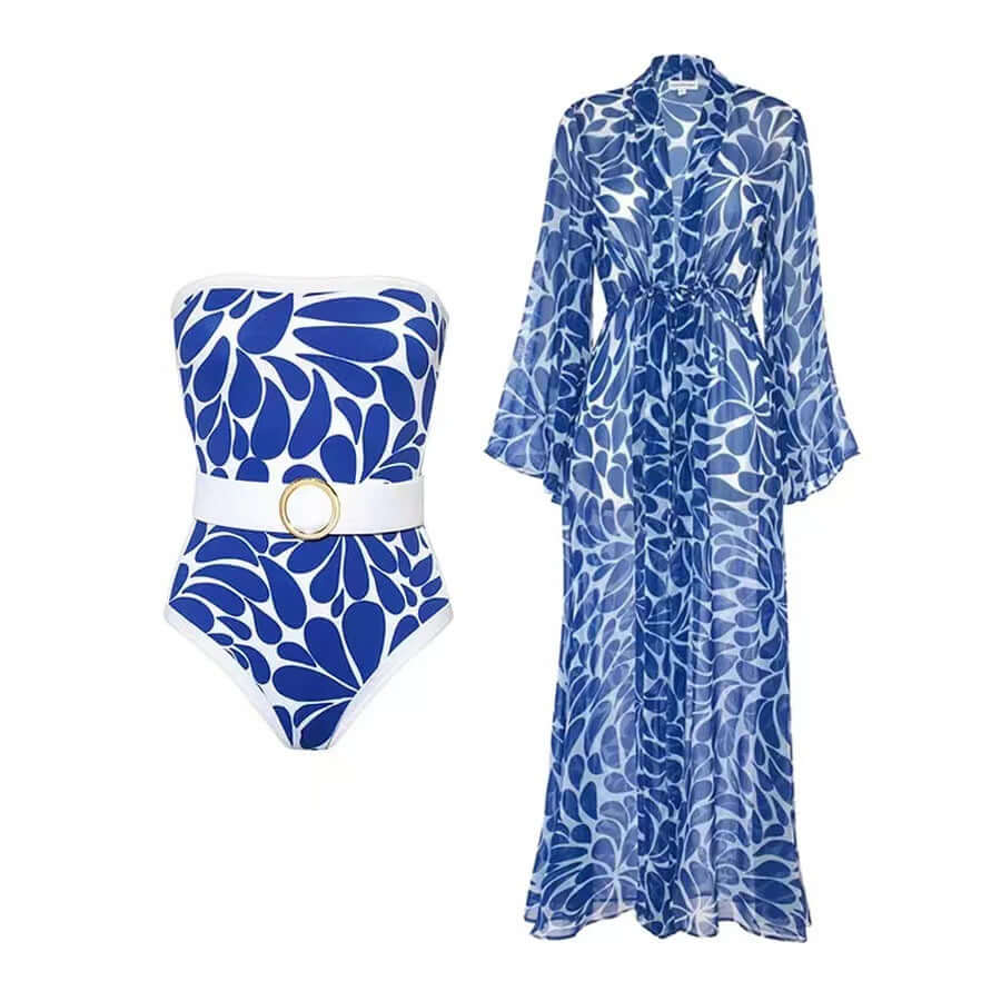 Women's swimwear set featuring a blue floral one-piece swimsuit and a matching long-sleeved blouse cover-up.