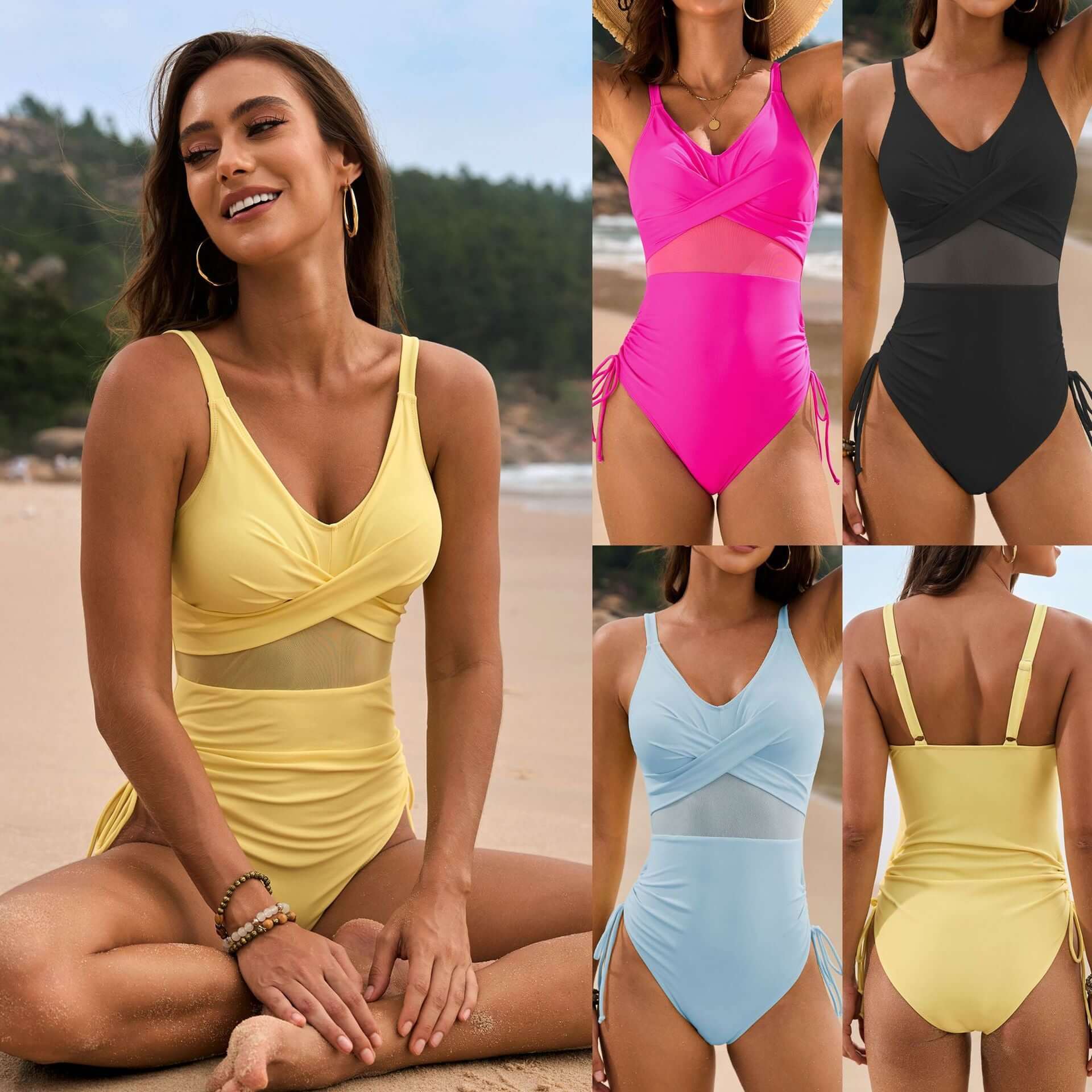 Pure Color Mesh Drawstring Swimsuit for women in light yellow, pink, black, and sky blue, perfect for swimming and wading.