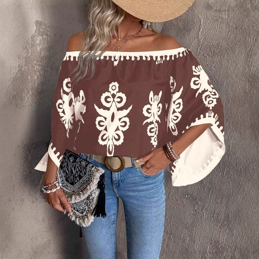 Fashion Loose Print Off-shoulder Top Women