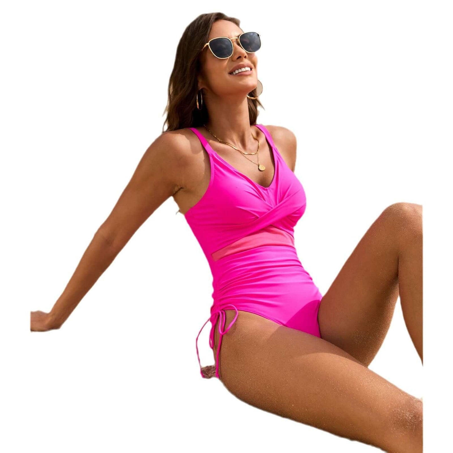 Woman in a pink one-piece swimsuit enjoying the sun, perfect for swimming and beach activities. Women's swimwear.