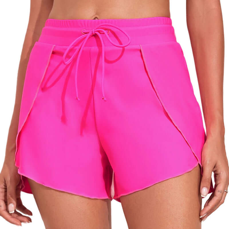 Quick-drying high waist women's swimwear shorts in bright pink, perfect for summer beach activities.