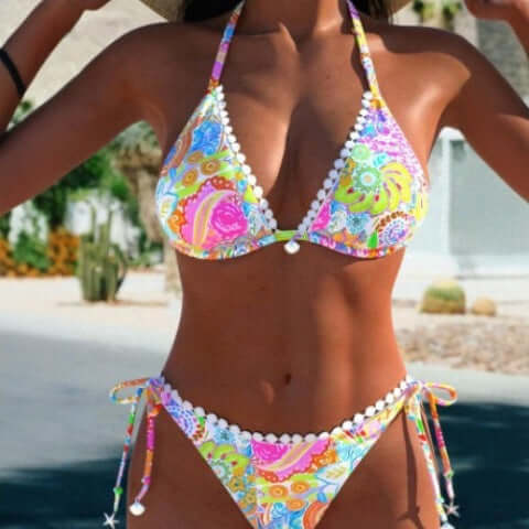 Colorful women's bikini split swimsuit with floral print, perfect for swimming and wading, sleeveless design.