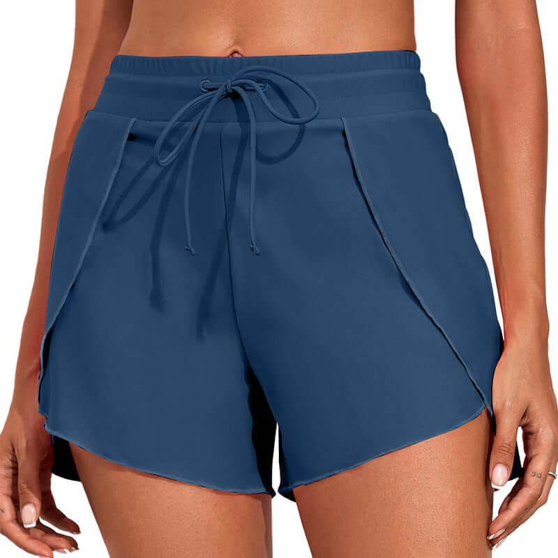 Quick-drying high waist women's swimwear shorts in solid navy, perfect for summer beach adventures.