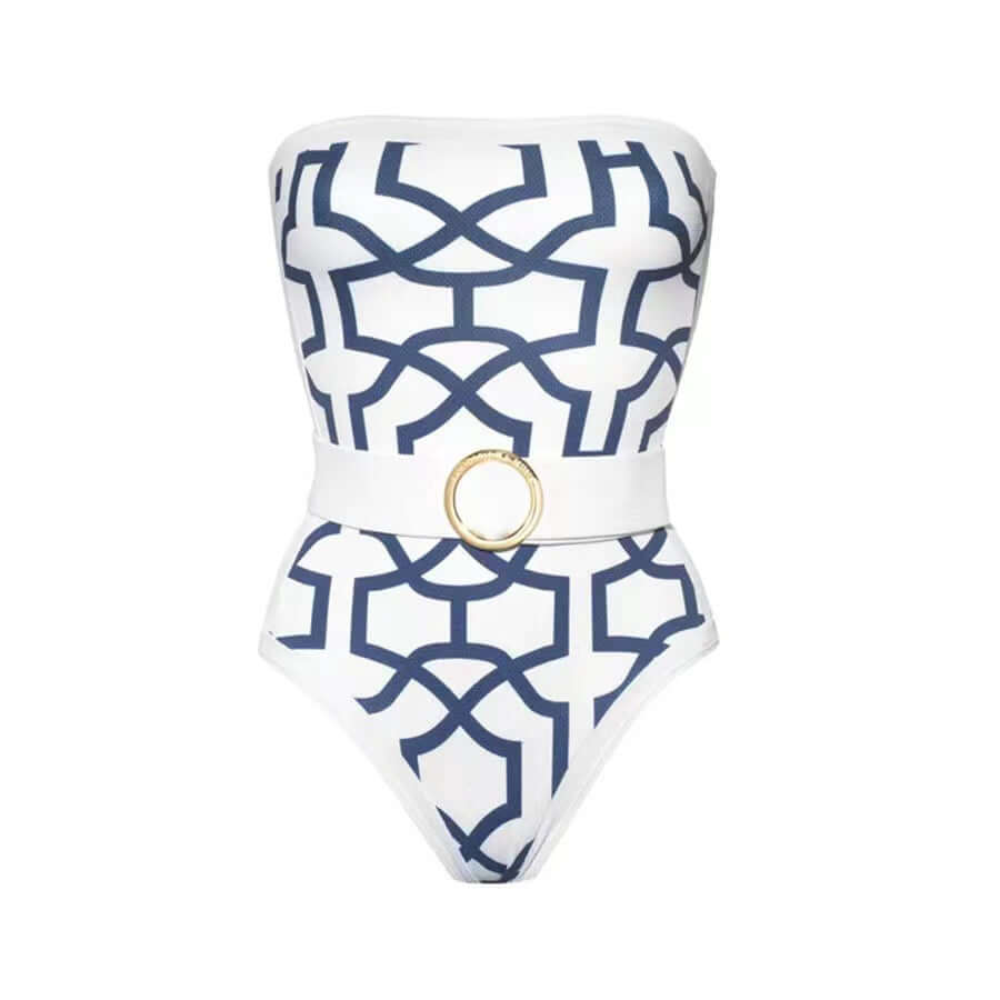 Stylish women's one-piece swimsuit in white and navy geometric pattern with belt detail, perfect for summer swimming.