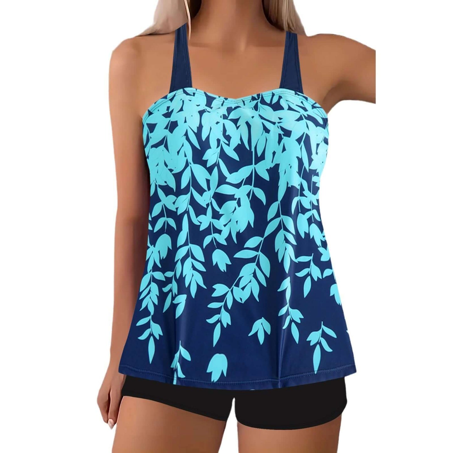Women's swimwear featuring a stylish blue tankini with a leaf print, perfect for summer outings and beach fun.