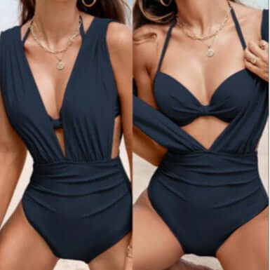 Women's nylon tied top one-piece swimsuit in navy blue, featuring a stylish cutout design and high elasticity.