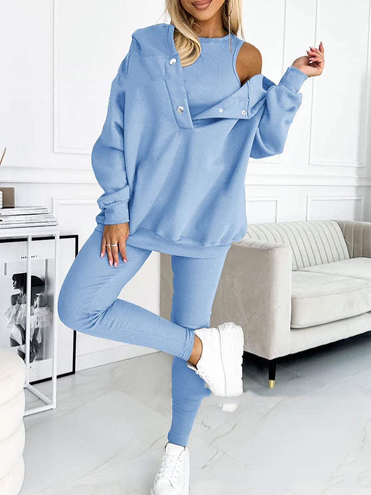3pcs Women&#39;s Sports Suit Loose Hooded Pockets Sweatshirt And Vest And Slim Trousers