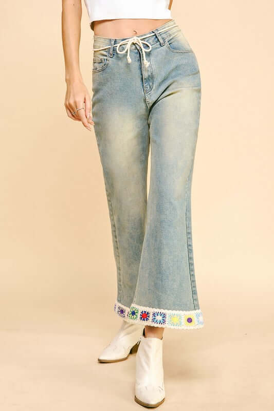 Davi & Dani Crochet Trim Flare Jeans with Pockets - Little Miss Vanilla