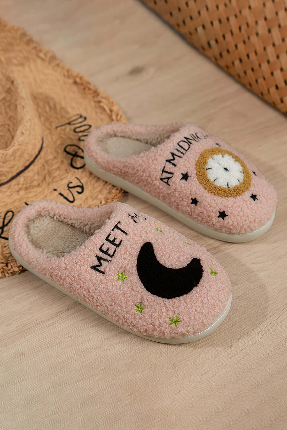 Light Pink Moon & Clock Pattern Fuzzy Home Slippers - Little Miss Vanilla