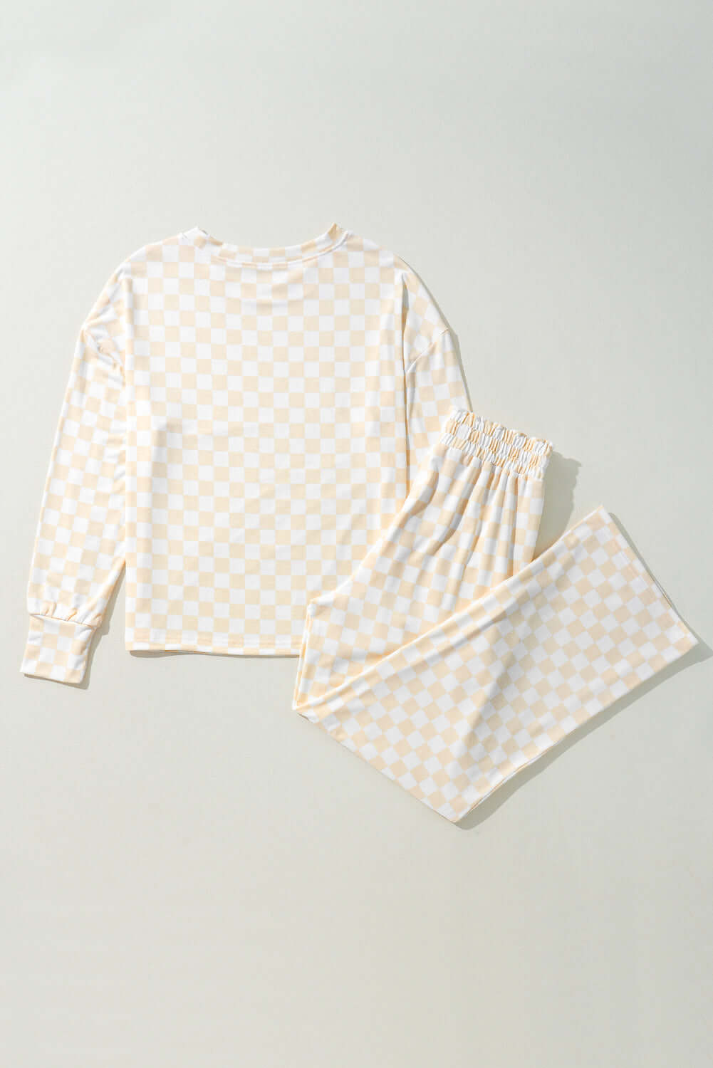 Beige Checkered Print Long Sleeve Top and Pants Lounge Set - Little Miss Vanilla