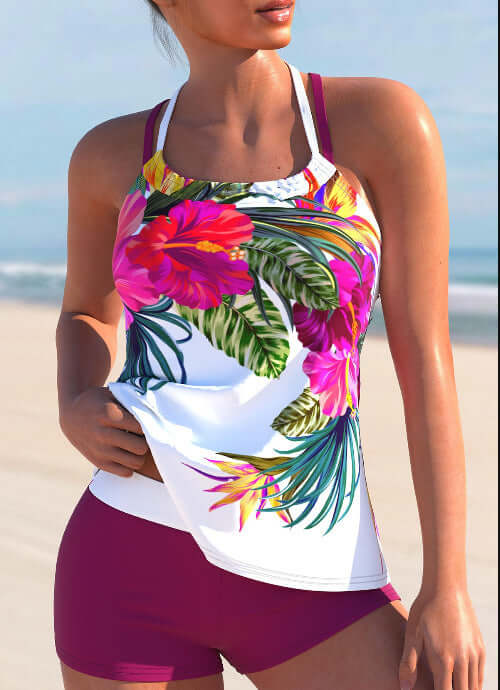 Ladies new large flower split women's swimsuit in colorful floral design, perfect for beach wear.