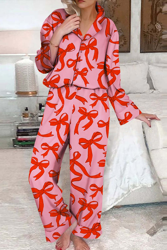 Pink 2pcs Bow Print Shirt Style Long Sleeve Pajama Set - Little Miss Vanilla
