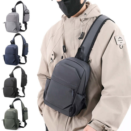 Men's oxford cloth shoulder backpack in dark gray, blue, black, and light gray colors, waterproof and breathable design.