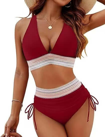 Stylish women&#39;s high waist bikini split suit in wine red with a solid color design, perfect for summer swimwear.