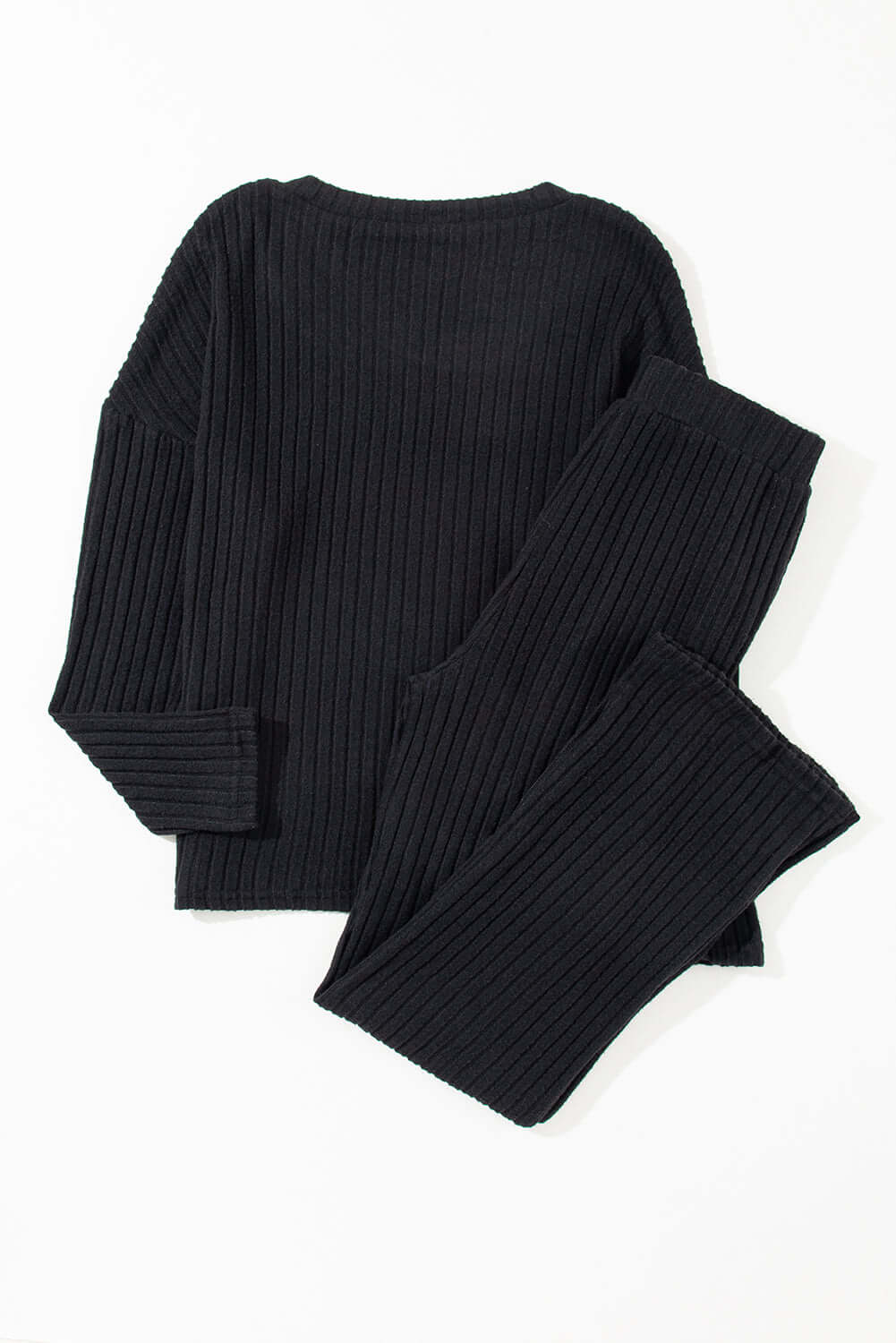 Black Ribbed Knit V Neck Slouchy Two-piece Outfit - Little Miss Vanilla