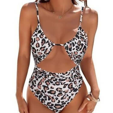 Leopard print one-piece swimsuit for women, high elasticity, stylish design for summer swimwear.