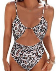 Leopard print one-piece swimsuit for women, high elasticity, stylish design for summer swimwear.
