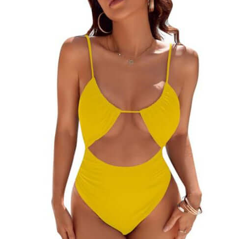 Yellow cut-out one-piece swimsuit for women, featuring a stylish design and high elasticity, perfect for swimwear fashion.