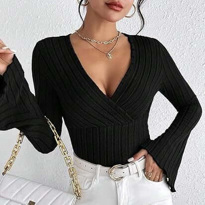 Women's Autumn And Winter Rib Sunken Stripe V-neck Slim-fit Long Sleeve T-shirt Women's Top