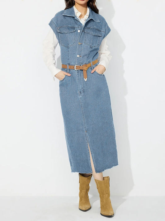Slit Half Button Collared Neck Cap Sleeve Denim Dress - Little Miss Vanilla