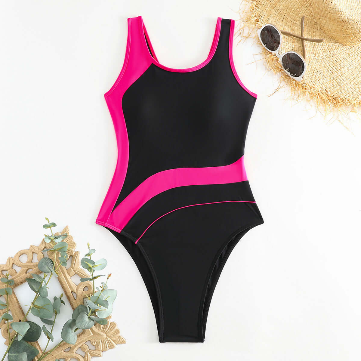 Women's high-grade solid color sports jumpsuit in black and pink, perfect for stylish swimwear and comfort.