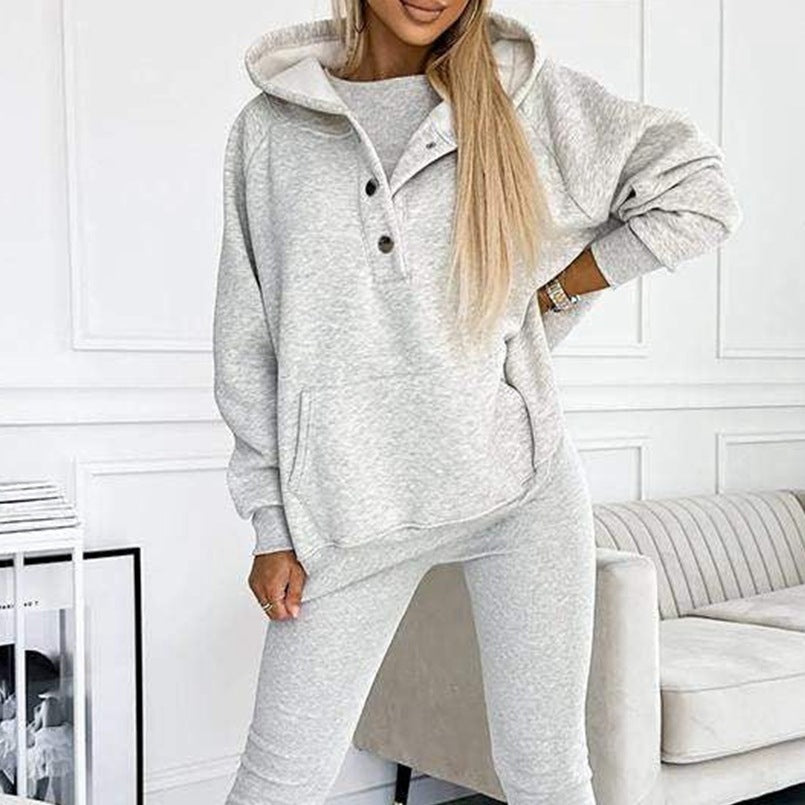 3pcs Women&#39;s Sports Suit Loose Hooded Pockets Sweatshirt And Vest And Slim Trousers