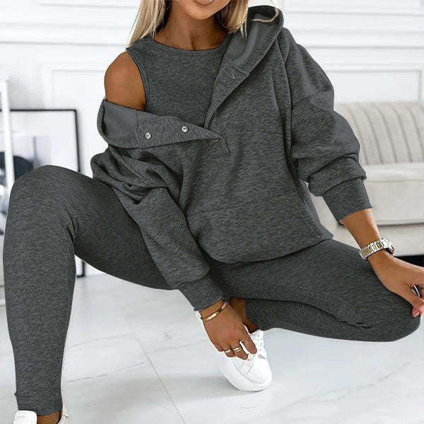 3pcs Women&#39;s Sports Suit Loose Hooded Pockets Sweatshirt And Vest And Slim Trousers