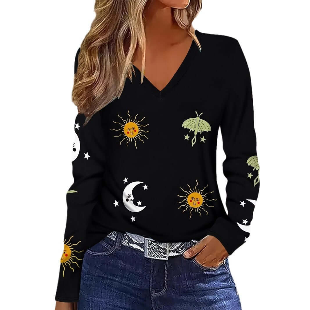 Sun Moon Star Butterfly Graphic Breathable Printed V-neck Long Sleeve T-shirt