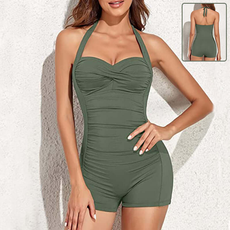 Women's boxer one-piece bikini in army green, perfect for swimming and wading, stylish and comfortable women's swimwear.