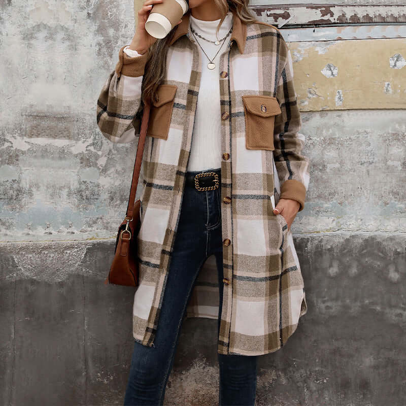 New Brushed Plaid Long Coat With Pockets Fashion Winter Jacket Outwear Women's Clothing - Little Miss Vanilla