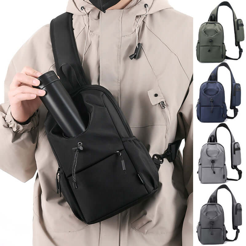 Men's Oxford cloth splash-proof shoulder crossbody chest bag in black, featuring multiple colors and ergonomic design.