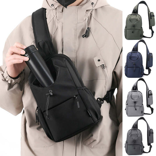 Men's Oxford cloth splash-proof shoulder crossbody chest bag in black, featuring multiple colors and ergonomic design.