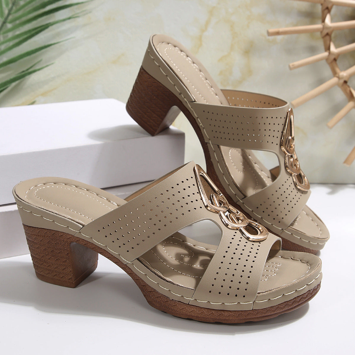 Wedge platform slippers for women with chunky heel and fish mouth design, in beige, perfect for daily leisure wear.