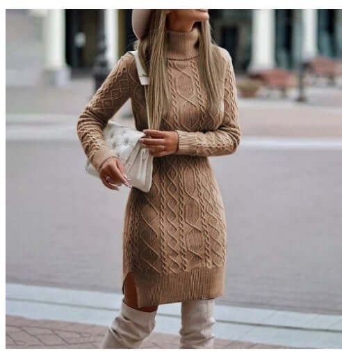 Fashion Turtleneck Knitted Dress With Slit Design Winter Warm Solid Color Pullover Long Sweater Women&#39;s Clothing