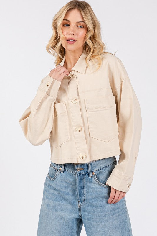 bytos Button Down Cropped Denim Jacket with Patch Pockets - Little Miss Vanilla