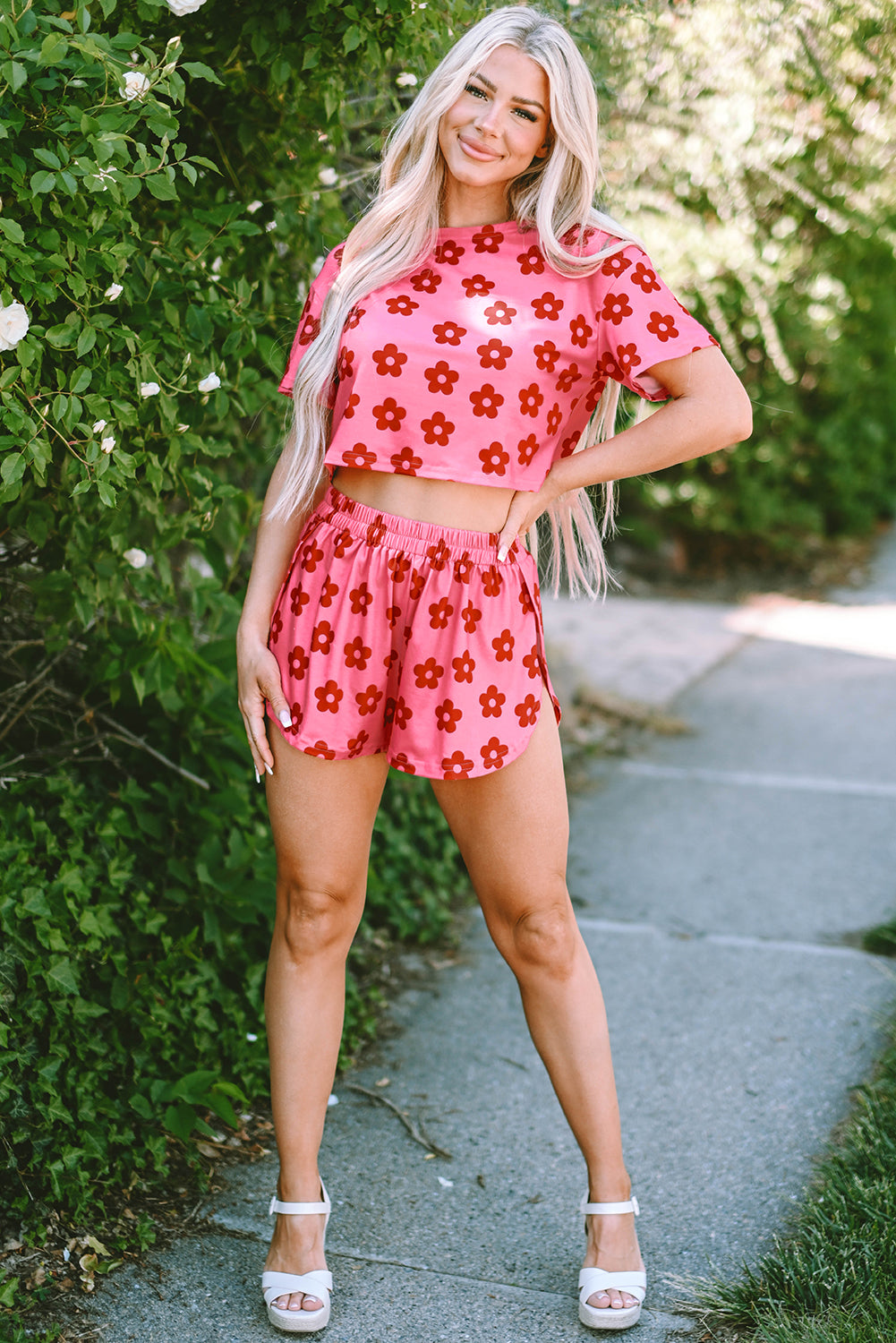 Rose Floral Print Crop Tee and Shorts Lounge Set - Little Miss Vanilla