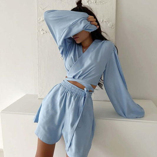 Fashion sexy two-piece pajamas in blue cotton for casual outdoor and home wear.