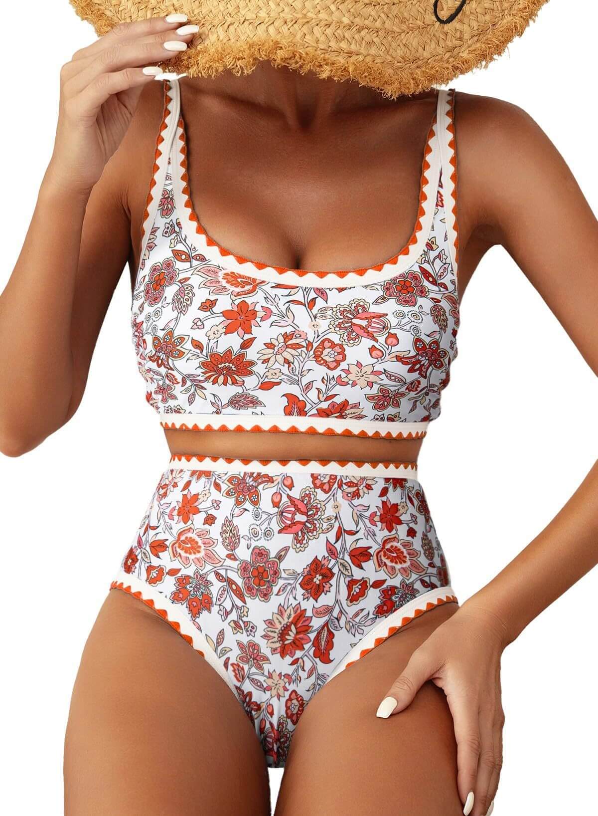 Women's swimwear featuring a fashionable paisley pattern and floral edges in a sexy bikini style.