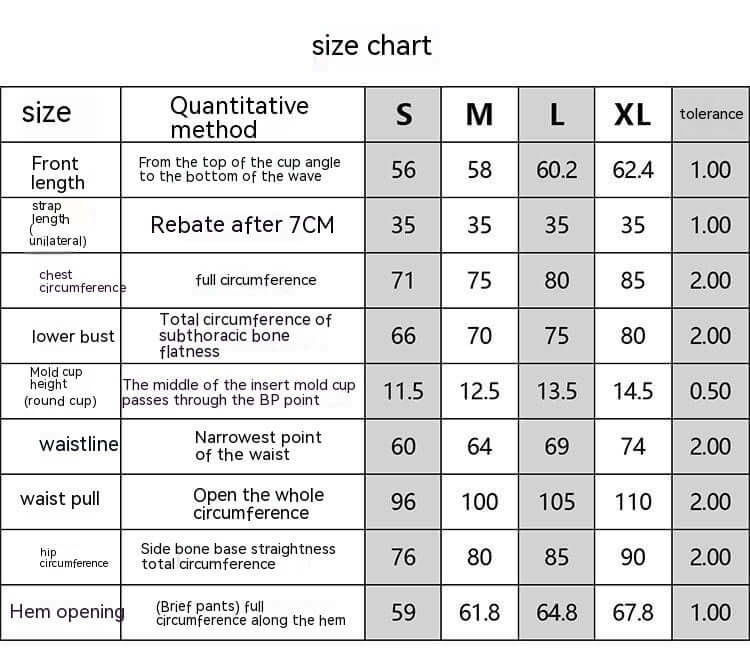 Size chart for women's body shaping bikini swimming suit showing measurements for S, M, L, and XL sizes.