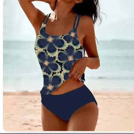 Vintage printed high waist conservative swimwear featuring a floral design, perfect for women's summer beachwear.