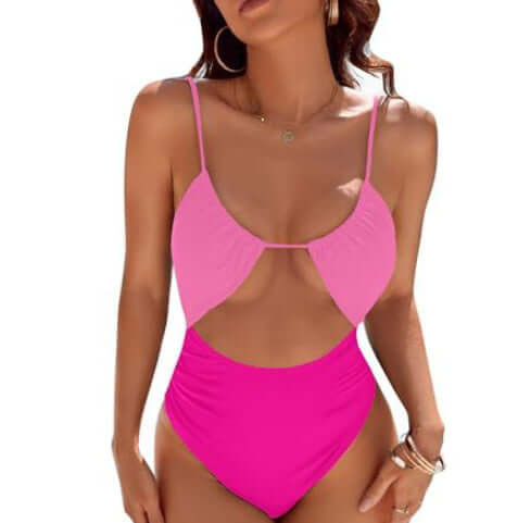 Stylish women&#39;s pink one-piece swimsuit with cut-out design and adjustable straps, perfect for summer beachwear.