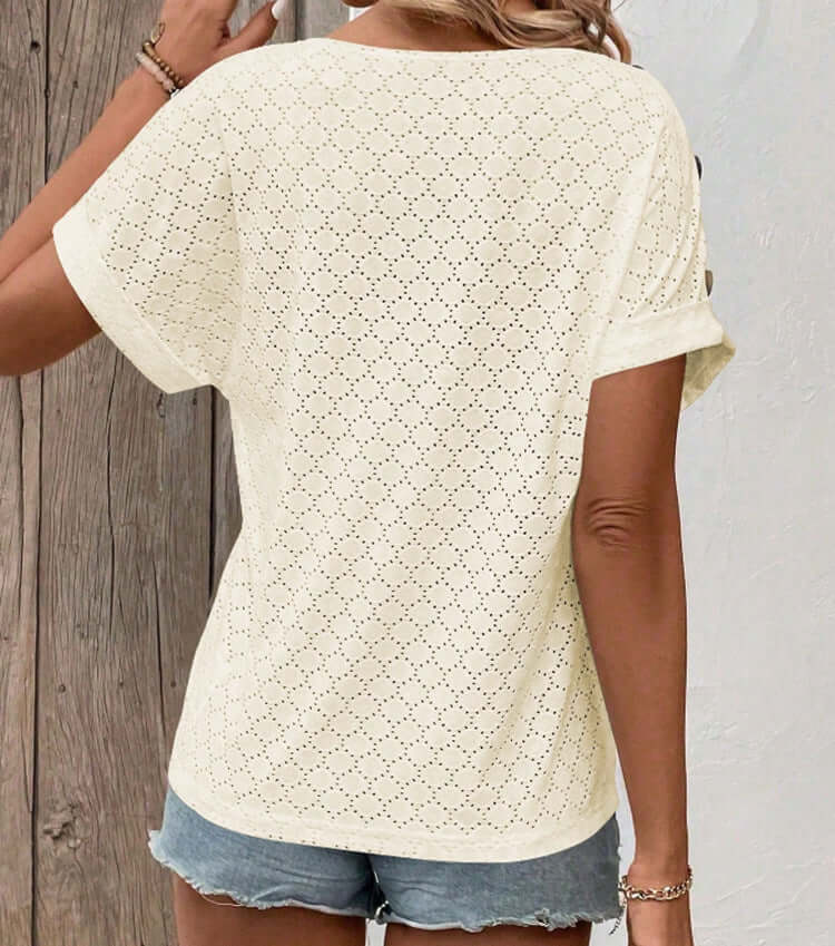 Button Solid Color Circle Loose Short Sleeve T-shirt For Women