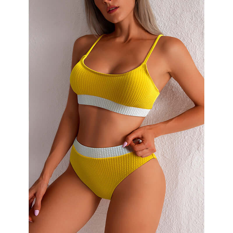 High waist bikini swimwear for women, featuring a ribbed texture, yellow color, and high-cut design perfect for summer.
