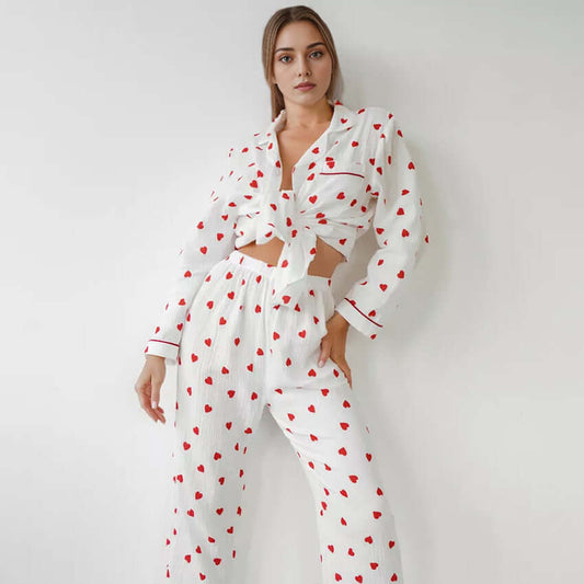 Comfortable soft heart-printed cotton pajamas set in white, featuring long sleeves and trousers.