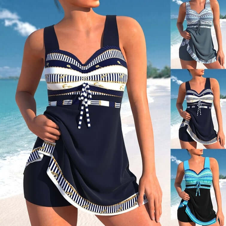 Plus size women's swimwear featuring a stylish split skirt bikini swimsuit in navy and turquoise designs.