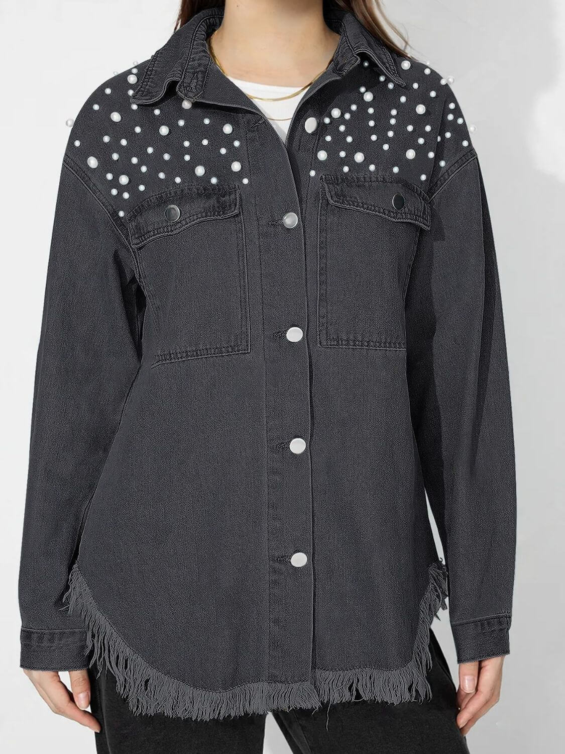 Raw Hem Pearl Trim Collared Neck Denim Top - Little Miss Vanilla