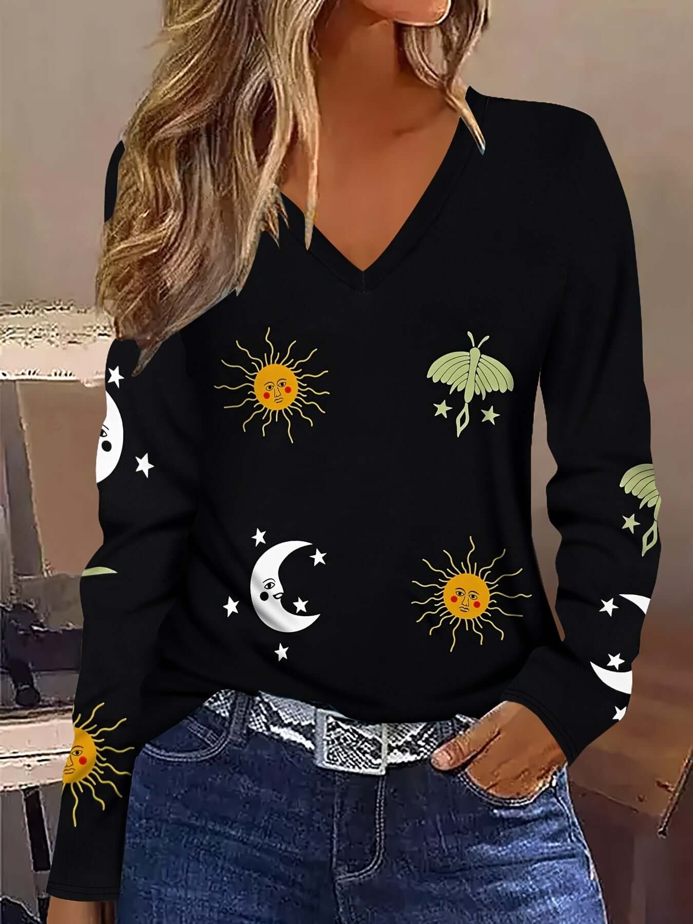 Sun Moon Star Butterfly Graphic Breathable Printed V-neck Long Sleeve T-shirt