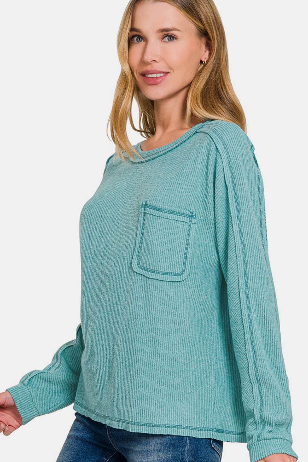 Zenana Full Size Contrast Stitching Brushed Ribbed Hacci Knit Top Plu Size - Little Miss Vanilla