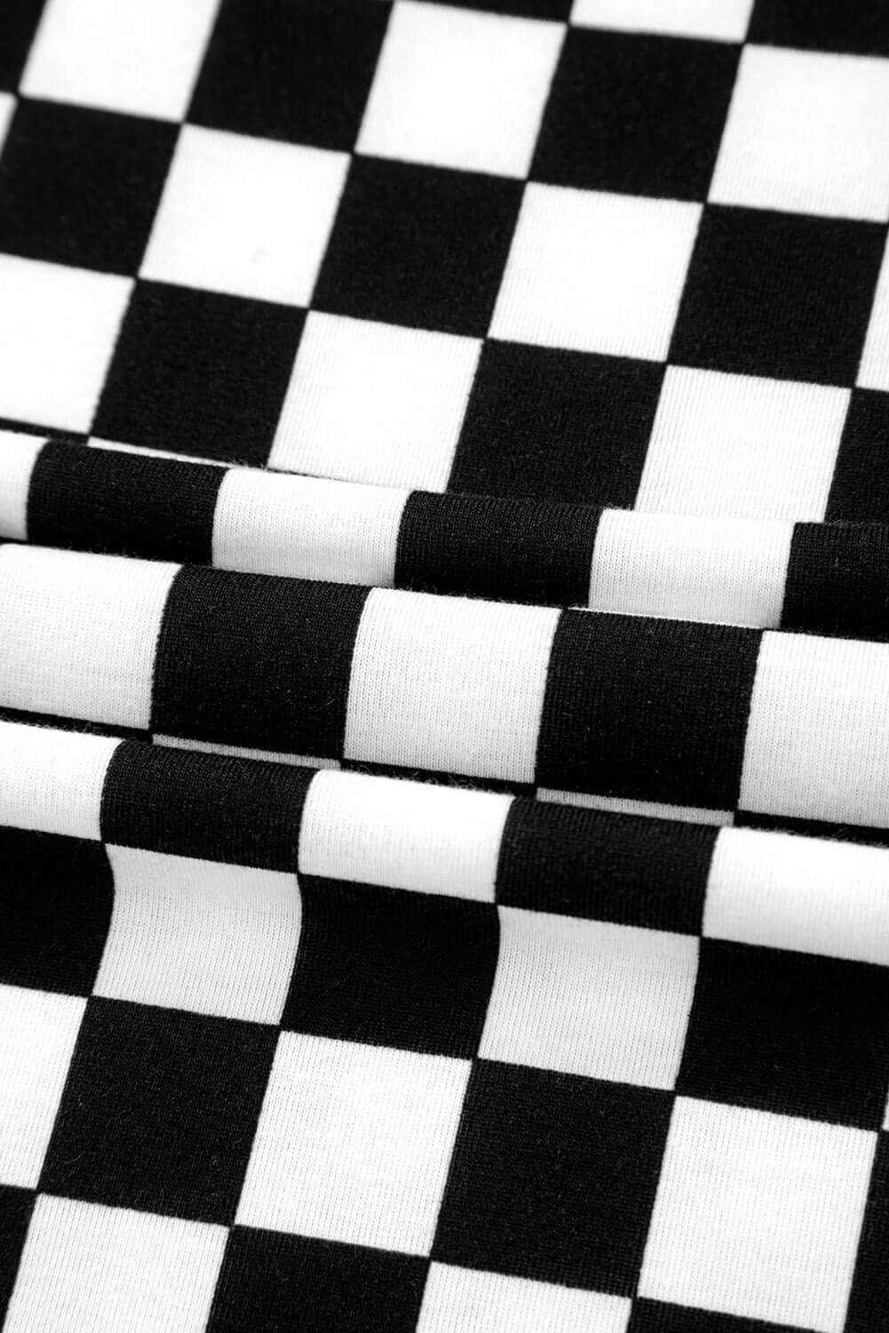 Black Checkered Print Long Sleeve Top and Pants Lounge Set