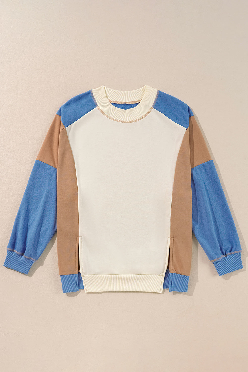 Slit Color Block Round Neck Long Sleeve Sweatshirt - Little Miss Vanilla